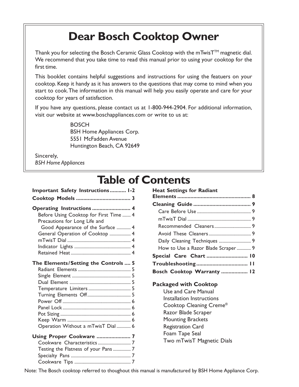 Table of contents dear bosch cooktop owner | Bosch NES 930 UC User Manual | Page 2 / 48