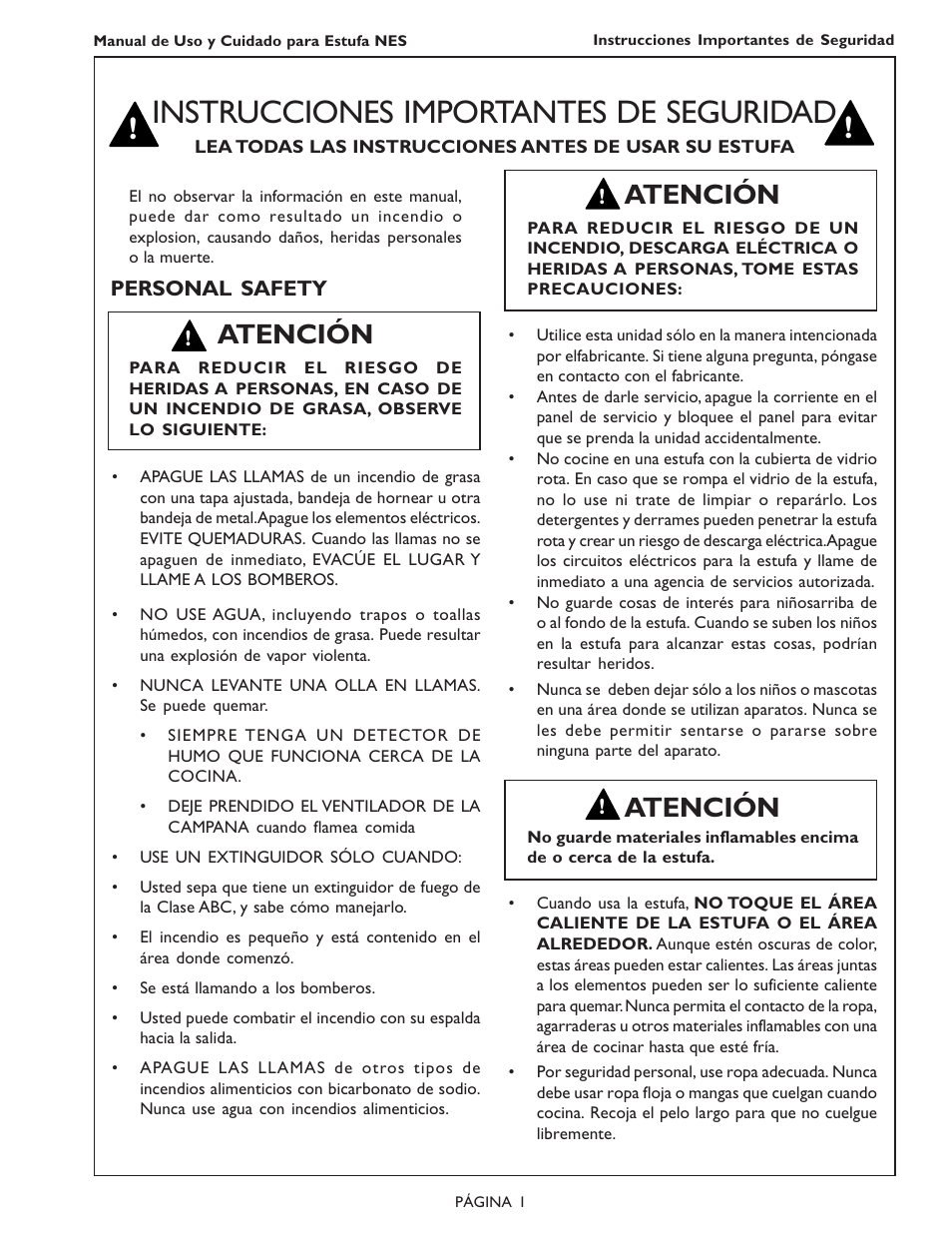 Instrucciones importantes de seguridad, Atención | Bosch NES 930 UC User Manual | Page 35 / 48