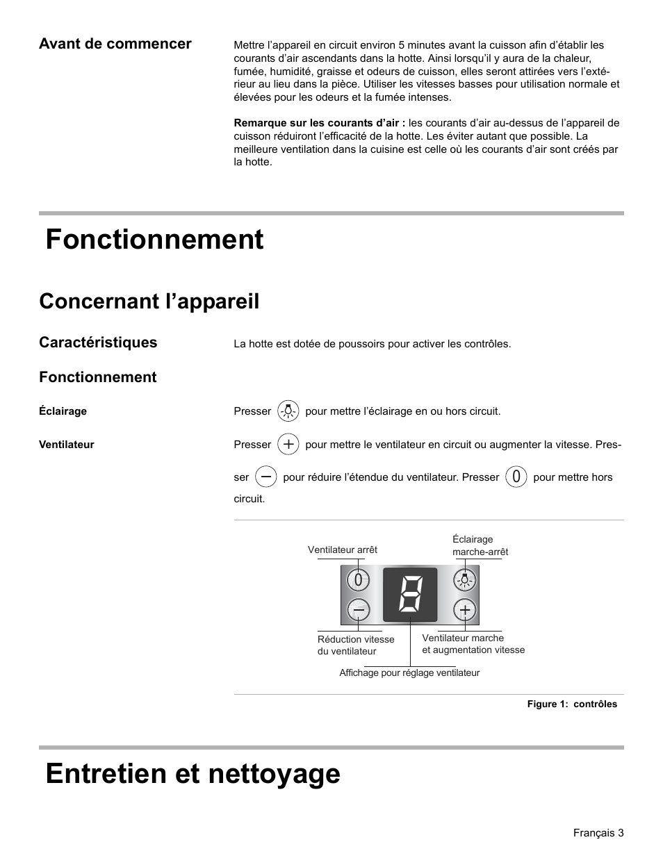 Avant de commencer, Fonctionnement, Concernant l’appareil | Caractéristiques, Éclairage, Ventilateur, Entretien et nettoyage | Bosch DKE96 User Manual | Page 15 / 32