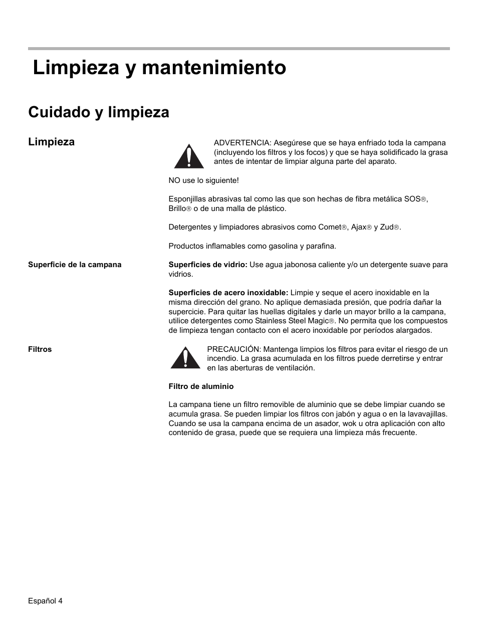 Limpieza y mantenimiento, Cuidado y limpieza, Limpieza | Superficie de la campana, Filtros | Bosch DKE96 User Manual | Page 26 / 32