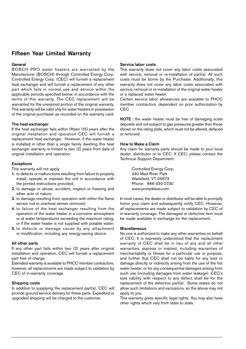Fifteen year limited warranty | Bosch GWH 425 EF User Manual | Page 24 / 26
