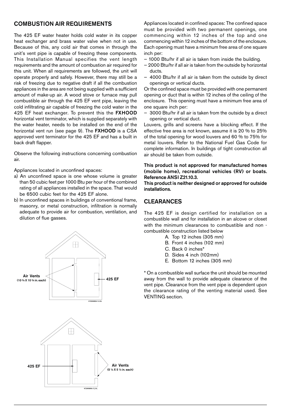 Combustion air requirements, Clearances | Bosch GWH 425 EF User Manual | Page 6 / 26
