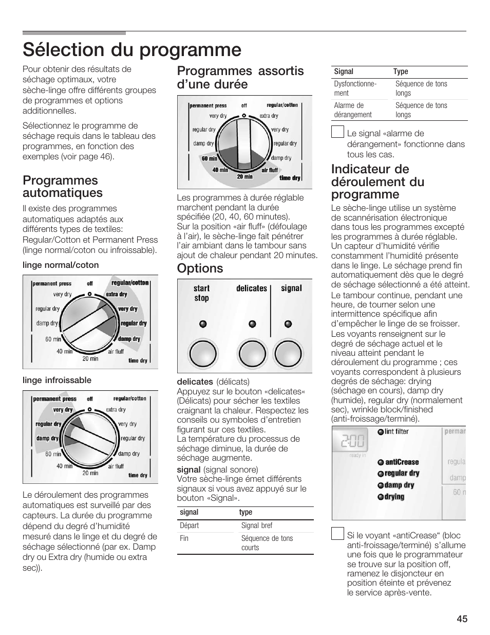 Sélection du programme, Programmes automatiques, Programmes assortis d'une durée | Options, Indicateur de déroulement du programme | Bosch WTXD5500UC User Manual | Page 46 / 83