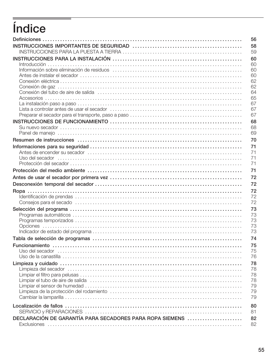 Índice | Bosch WTXD5500UC User Manual | Page 56 / 83