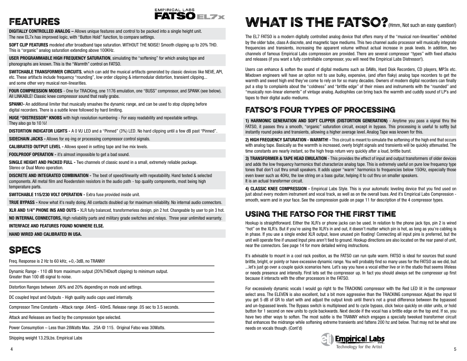 What is the fatso, Features, Specs | Empirical Labs EL-7x User Manual | Page 3 / 9