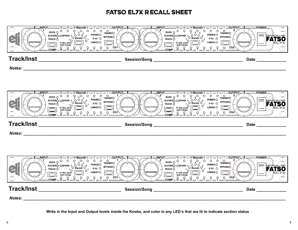 Track/inst, Fatso el7x r ecall sheet, Fatso recall sheet | Empirical Labs EL-7x User Manual | Page 5 / 9