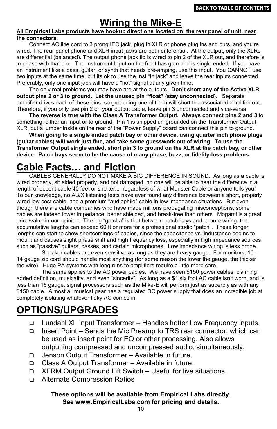 10 wiring & cable facts, 10 options & upgrades, Example settings pt 3 | Wiring the mike-e, Cable facts… and fiction, Options/upgrades, Percussion, Jenson output transformer – available in future, Class a output transformer – available in future, Alternate compression ratios | Empirical Labs EL-9 User Manual | Page 10 / 15