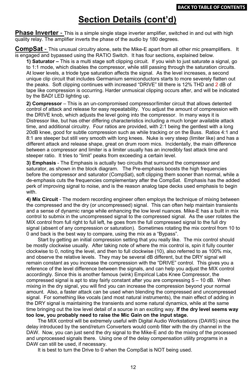 12 section details (continued), 12 mix control, Example settings | Vocals, Plucked instruments & acoustic guitar, Phase inverter, Compsat | Empirical Labs EL-9 User Manual | Page 12 / 15