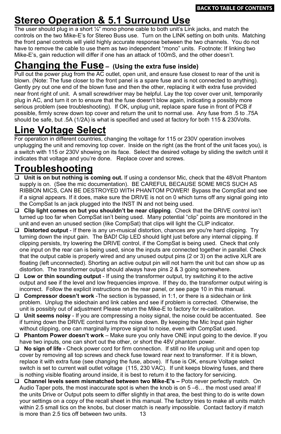 13 stereo operation (using the link comp), 13 fuse replacement, and ac voltage select, 13 troubleshooting | Mike-e's seven circuits, Stereo operation & 5.1 surround use, Changing the fuse, Line voltage select, Troubleshooting, What is the mike-e, Using the mike-e for the first time | Empirical Labs EL-9 User Manual | Page 13 / 15