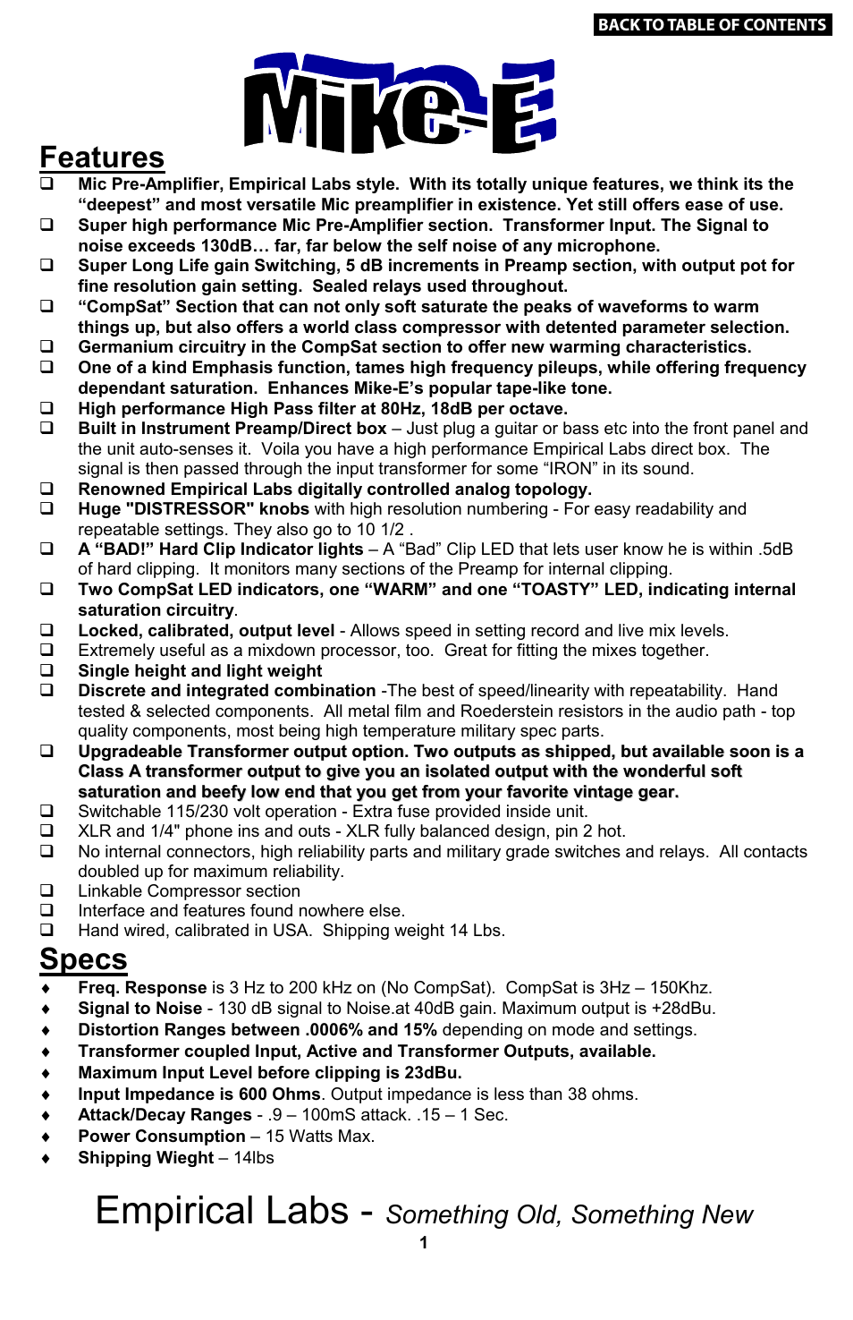 Features & specs, Empirical labs, Features | Specs, Our valued customer comments, Something old, something new, Comments about the distressor, Comments about the fatso jr, Comments about the lil freq | Empirical Labs EL-9 User Manual | Page 2 / 15