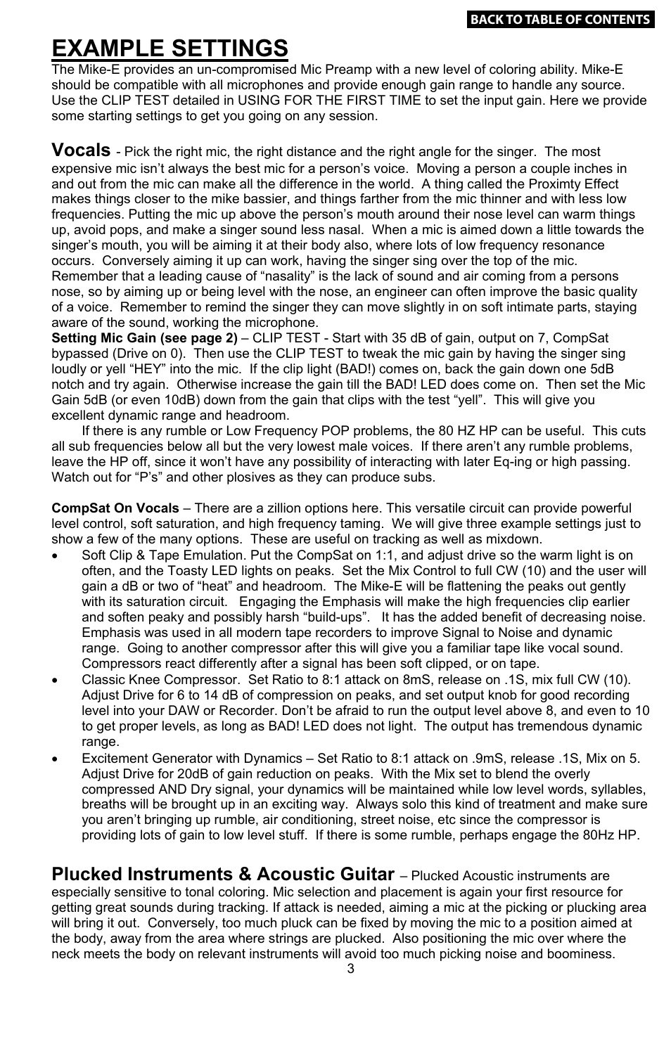 6 example settings of the eq, Example settings, Vocals | Plucked instruments & acoustic guitar, Phase inverter, Compsat | Empirical Labs EL-9 User Manual | Page 4 / 15