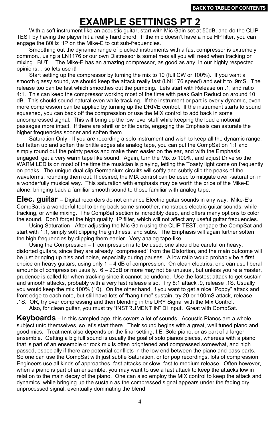 Mike-e, Example settings pt 2, Elec. guitar | Keyboards | Empirical Labs EL-9 User Manual | Page 5 / 15