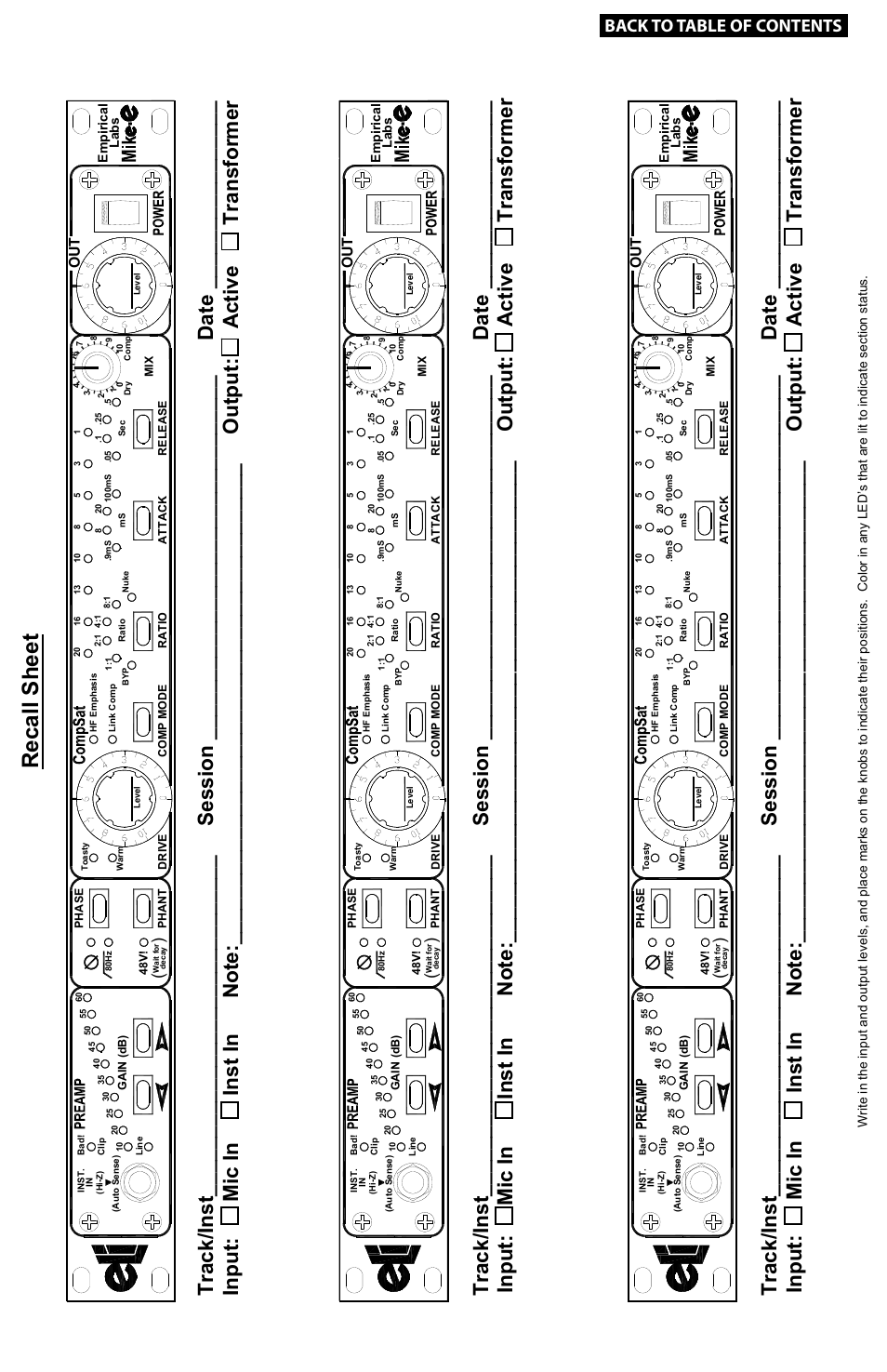 8 recall sheet, Recall sheet, Back to table of contents | Emp iri cal labs, Empi rica l labs | Empirical Labs EL-9 User Manual | Page 8 / 15