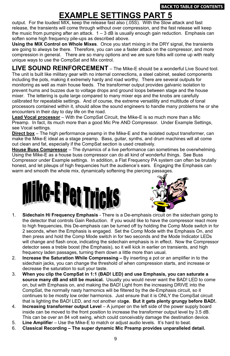 Example settings (continued), Mike-e pet tricks, Example settings part 5 | Example settings part 4, Live sound reinforcement, Bass | Empirical Labs EL-9 User Manual | Page 9 / 15