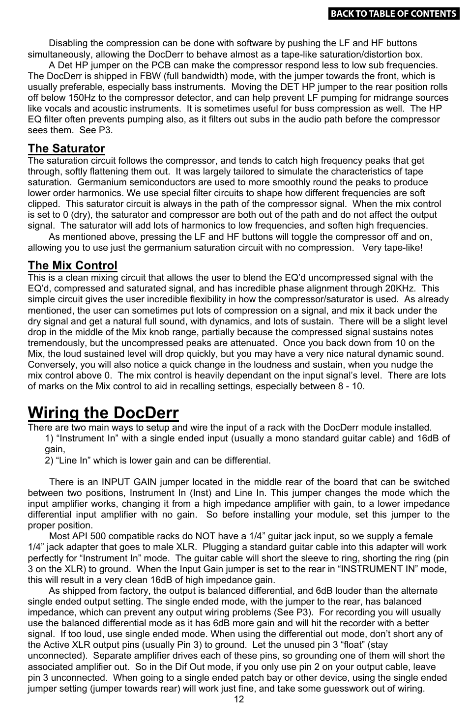 12 wiring the docderr, Det hp differential out, Input gain | Wiring the docderr, 3 pin jumper settings, The saturator, The mix control | Empirical Labs EL-Rx User Manual | Page 11 / 14