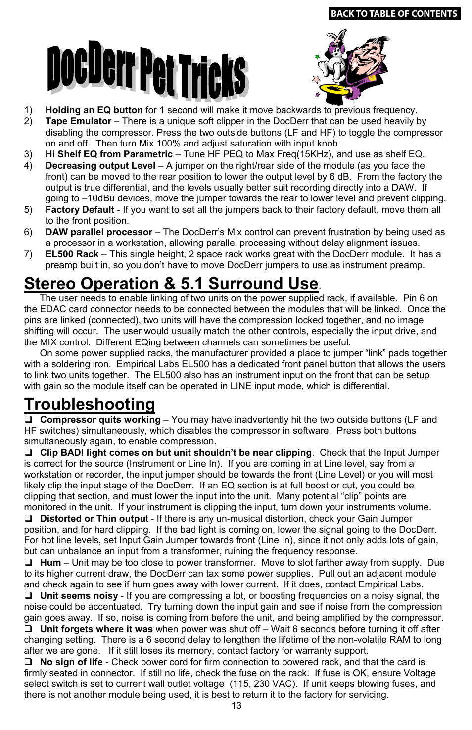 13 docderr pet tricks & troubleshooting, 13 stereo operation, Stereo operation & 5.1 surround use | Troubleshooting, What is the docderr, Using the docderr for the first time | Empirical Labs EL-Rx User Manual | Page 12 / 14