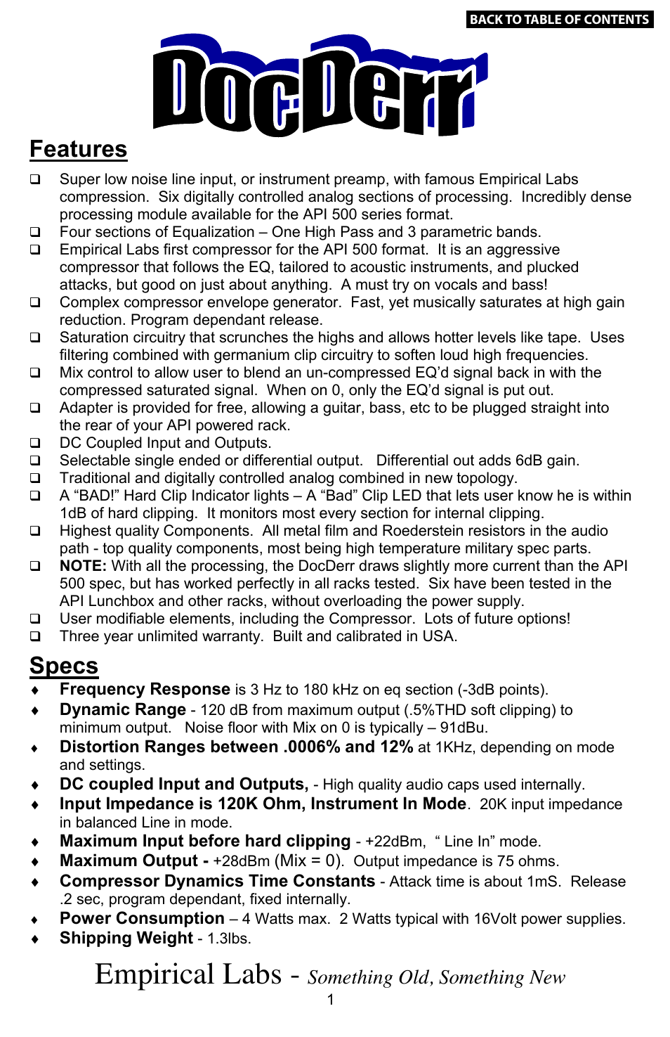 Features & specs, Empirical labs, Features | Specs, Our valued customer comments, Something old, something new, Comments about the distressor, Comments about the fatso jr | Empirical Labs EL-Rx User Manual | Page 2 / 14