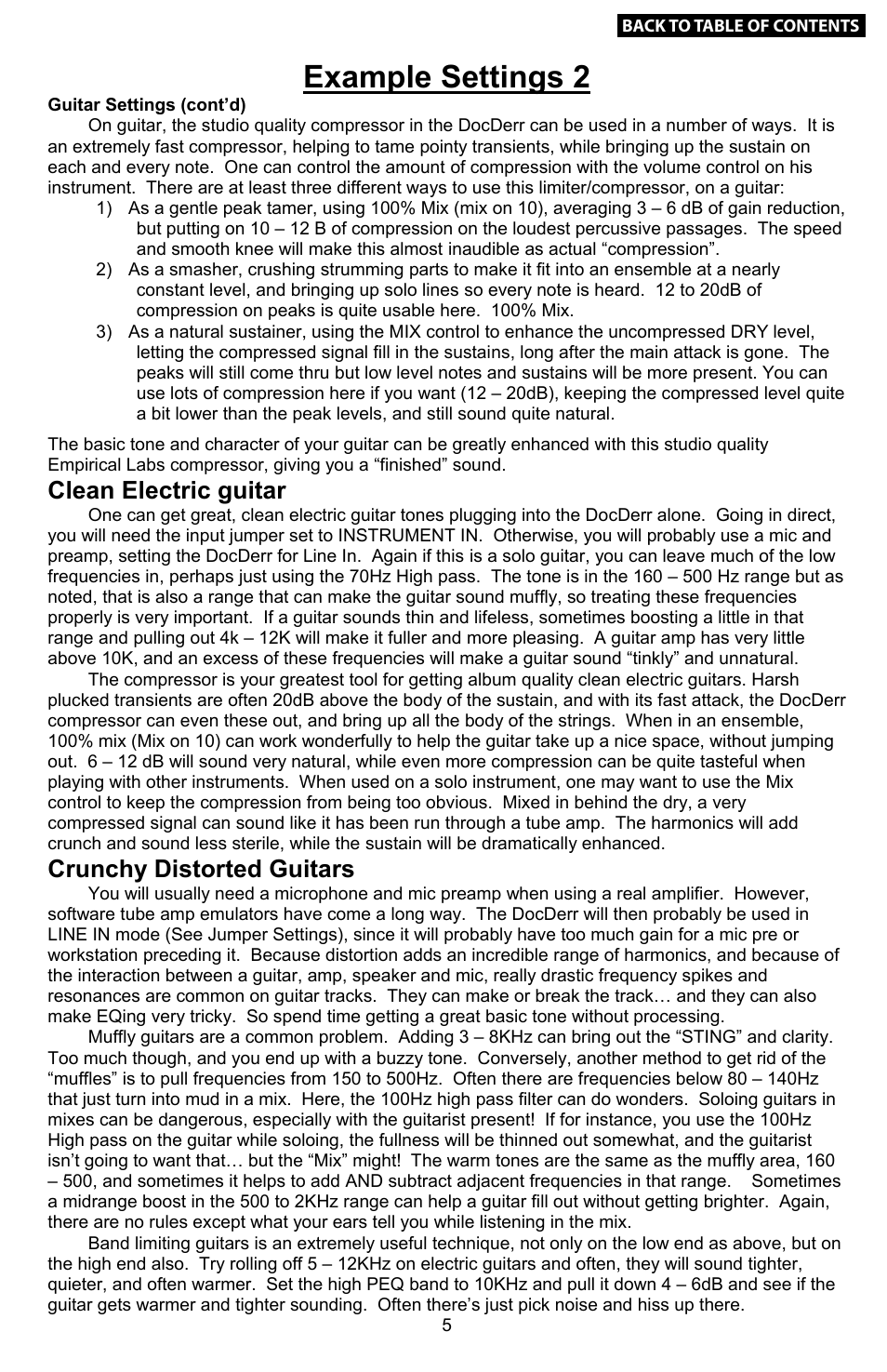 Example settings 2, Block diagram, Example settings 4 | Example settings 3, Clean electric guitar, Crunchy distorted guitars, Percussion, Live sound reinforcement, Bass, Vocals | Empirical Labs EL-Rx User Manual | Page 6 / 14