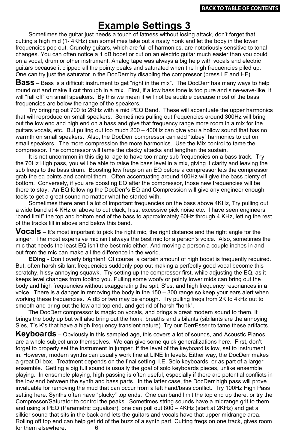 Example settings 4, Example settings 3, Percussion | Live sound reinforcement, Bass, Vocals, Keyboards, Mixes & buss eqing | Empirical Labs EL-Rx User Manual | Page 7 / 14