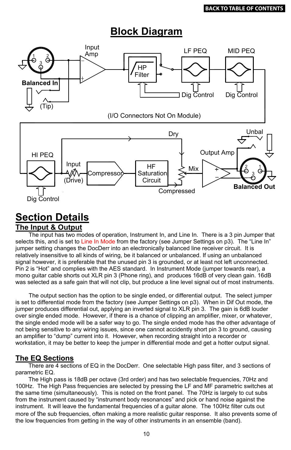 10 block diagram & section details, Example settings 2, Block diagram | Clean electric guitar, Crunchy distorted guitars, The input & output | Empirical Labs EL-Rx User Manual | Page 9 / 14