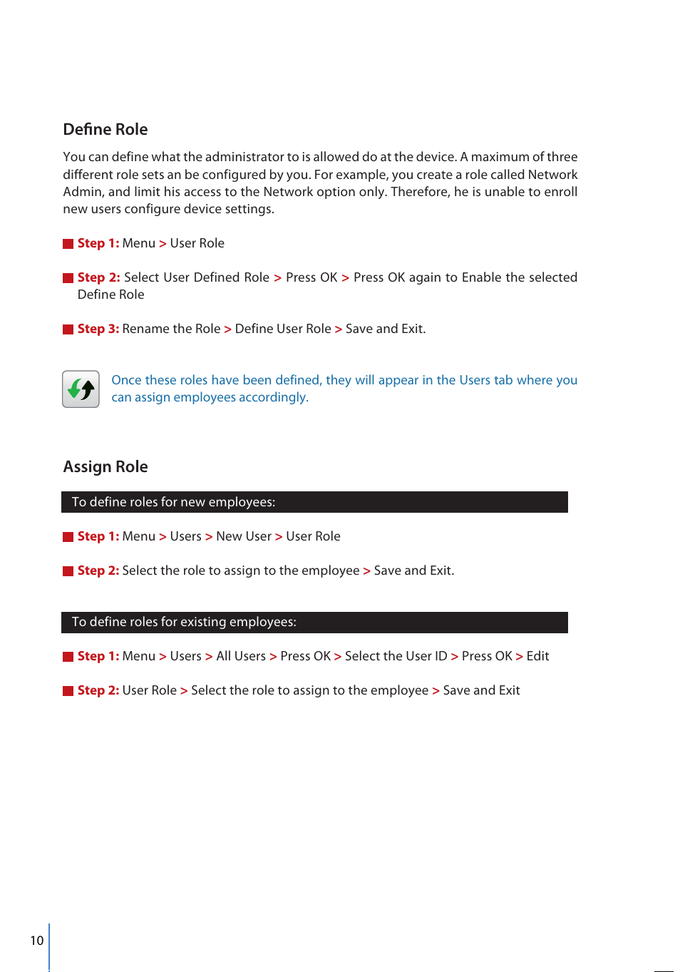 Define role, Assign role | FingerTec FMM-100 User Manual | Page 10 / 38