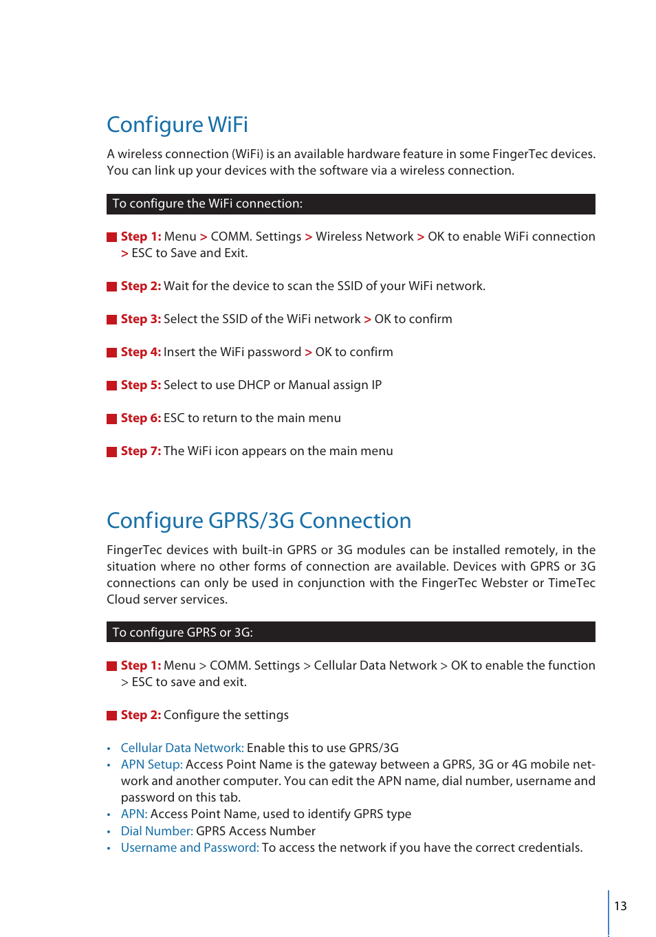 Conf, Igure wifi, Igure gprs/3g connection | FingerTec FMM-100 User Manual | Page 13 / 38