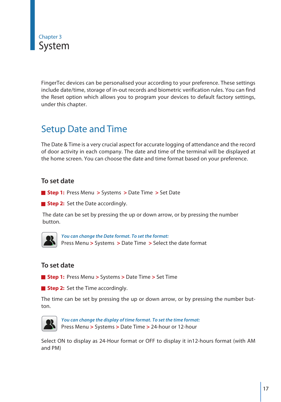 System, Setup date and time | FingerTec FMM-100 User Manual | Page 17 / 38