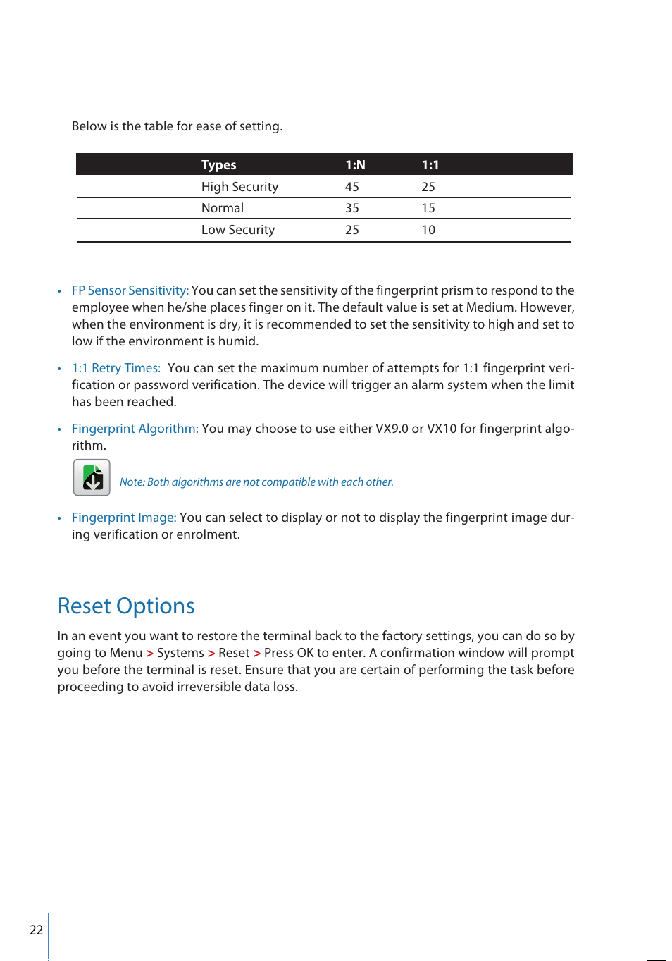 Reset options | FingerTec FMM-100 User Manual | Page 22 / 38