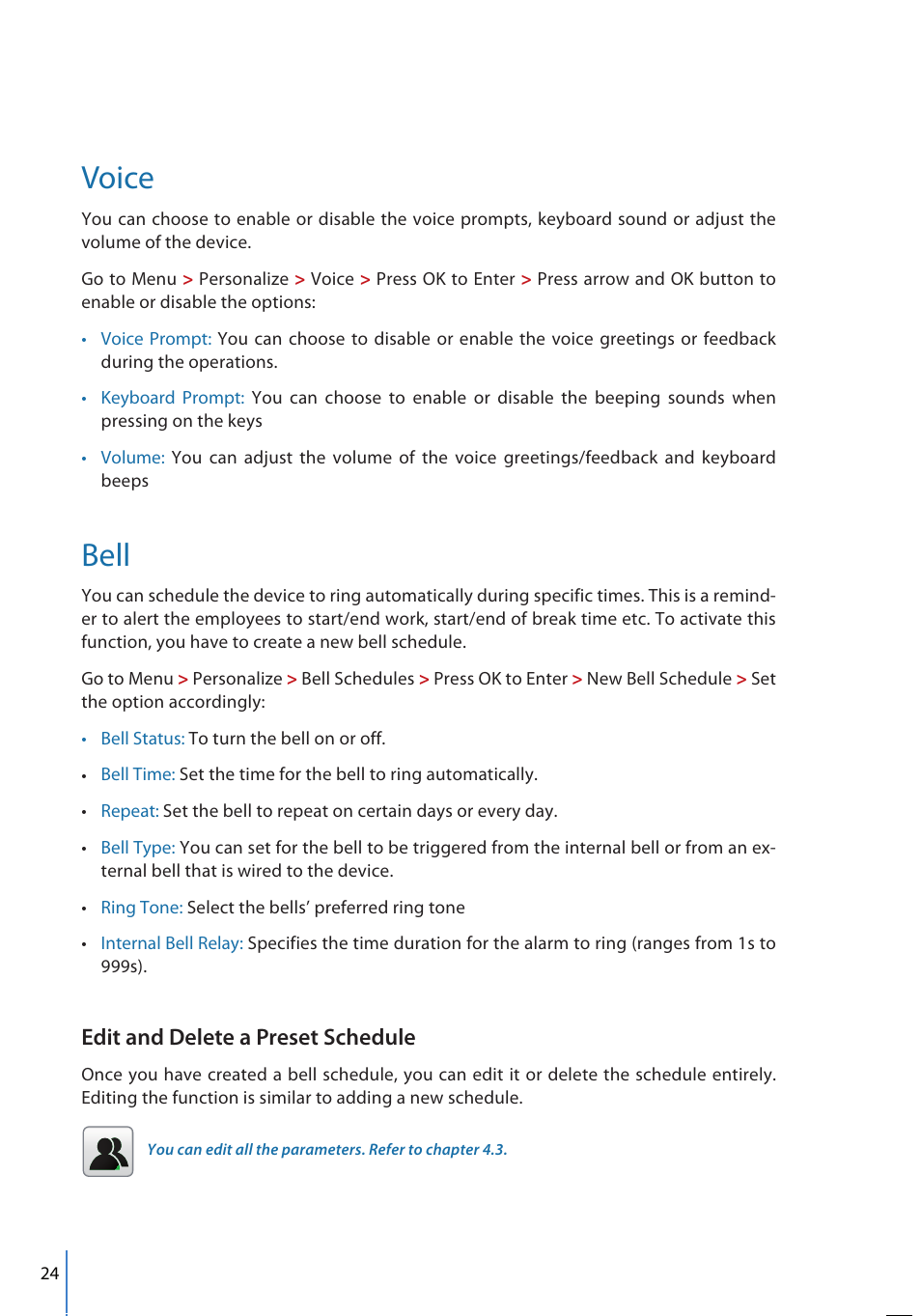 Voice, Bell, Edit and delete a preset schedule | FingerTec FMM-100 User Manual | Page 24 / 38