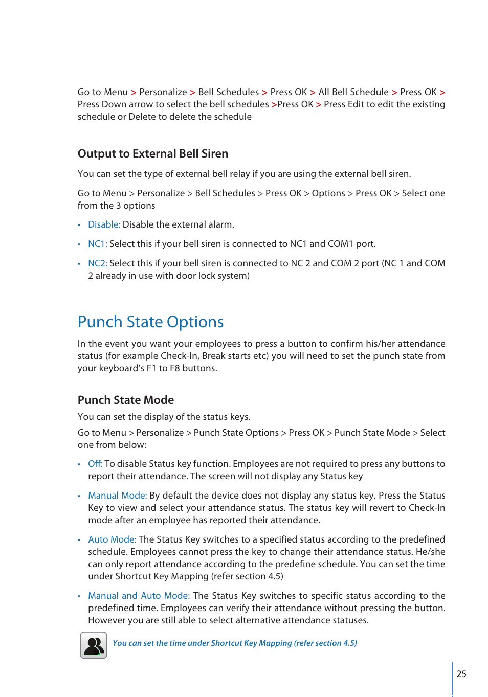 Punch state options, Output to external bell siren, Punch state mode | FingerTec FMM-100 User Manual | Page 25 / 38