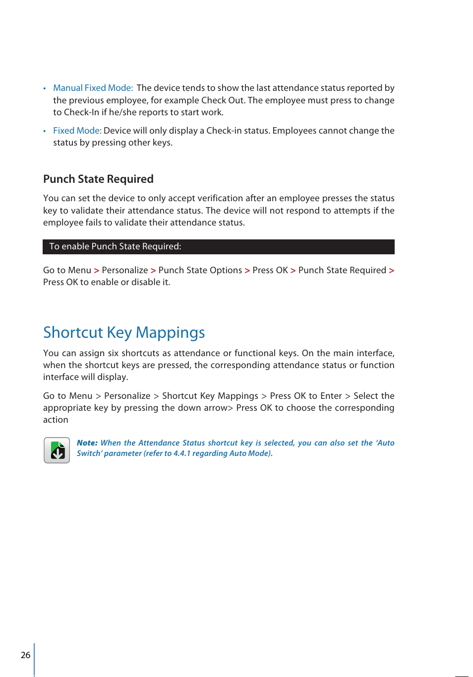 Shortcut key mappings, Punch state required | FingerTec FMM-100 User Manual | Page 26 / 38
