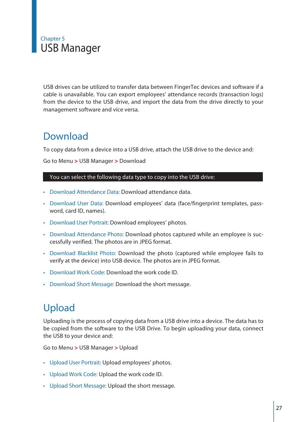 Usb manager, Download, Upload | FingerTec FMM-100 User Manual | Page 27 / 38