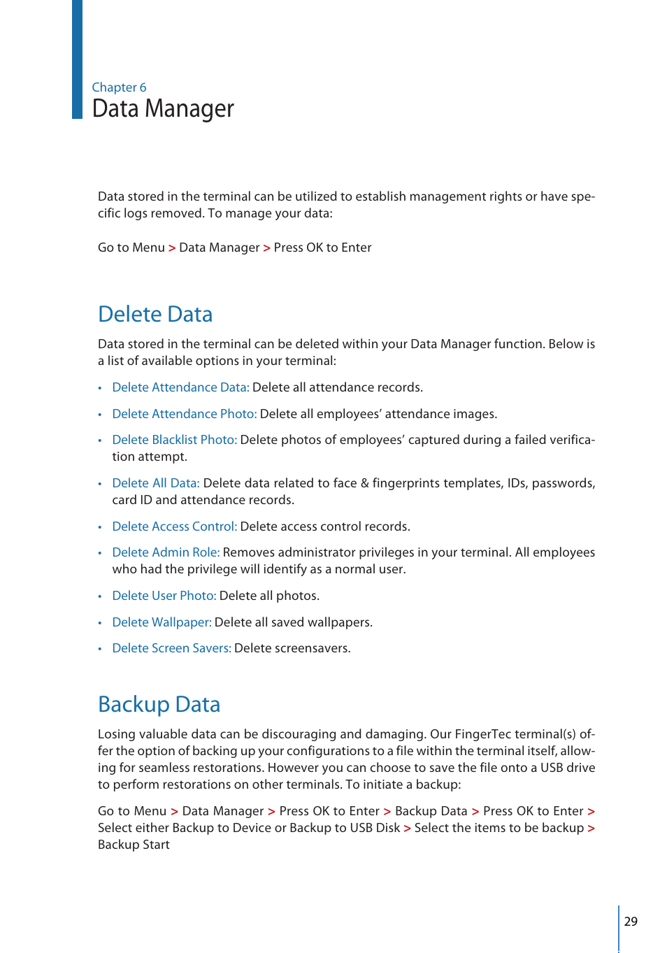 Data manager, Delete data, Backup data | FingerTec FMM-100 User Manual | Page 29 / 38