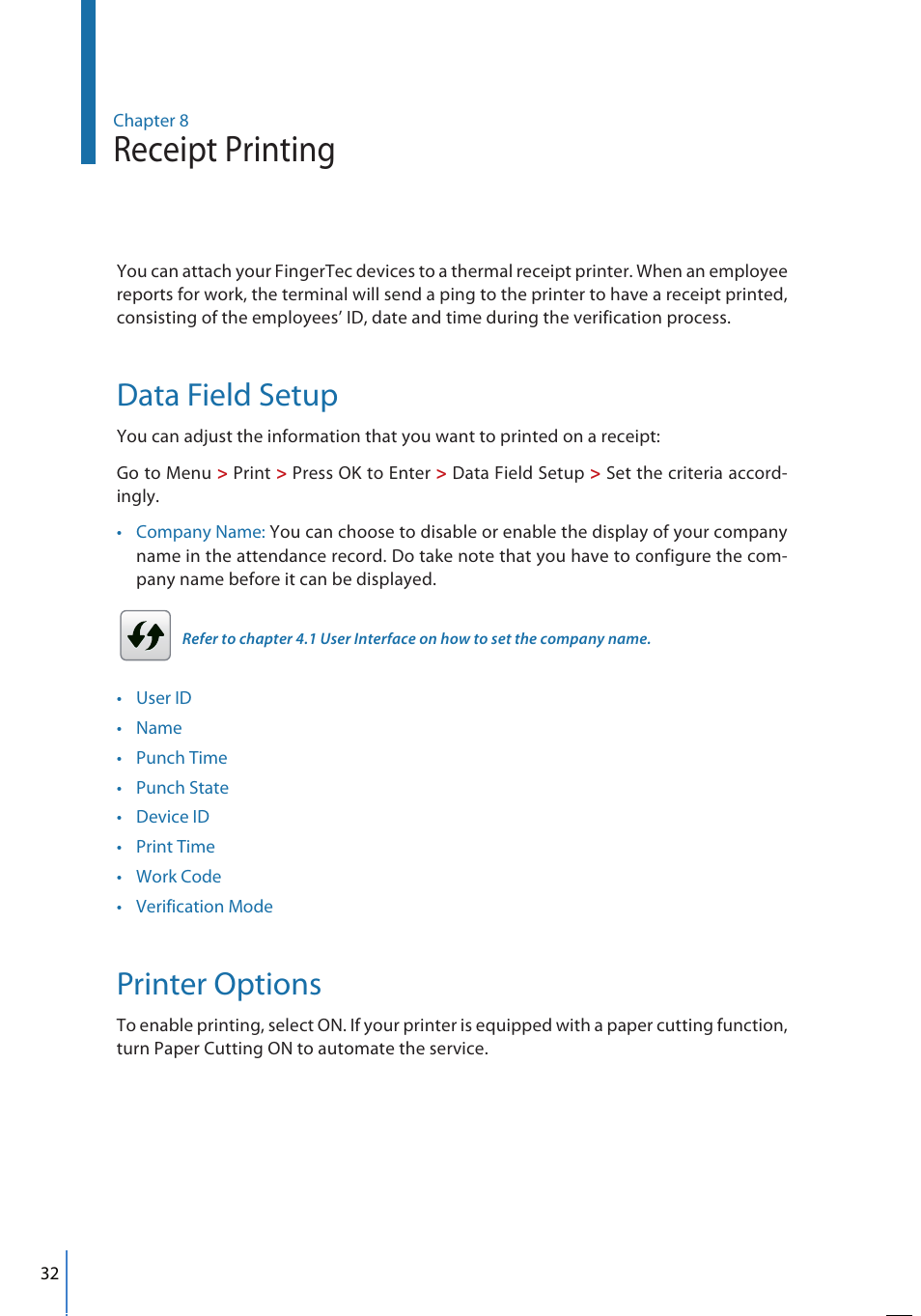 Receipt printing, Data field setup, Printer options | FingerTec FMM-100 User Manual | Page 32 / 38