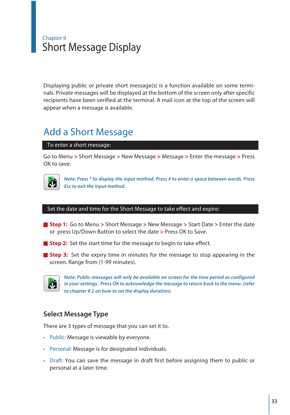 Short message display, Add a short message, Select message type | FingerTec FMM-100 User Manual | Page 33 / 38