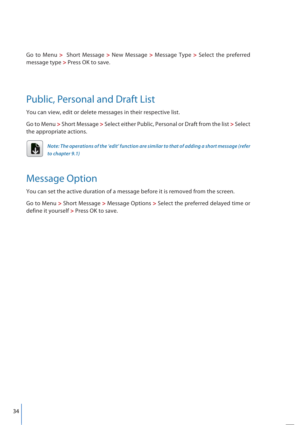 Public, personal and draft list, Message option | FingerTec FMM-100 User Manual | Page 34 / 38