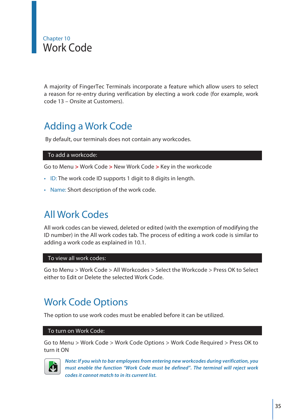 Work code, Adding a work code, All work codes | Work code options | FingerTec FMM-100 User Manual | Page 35 / 38