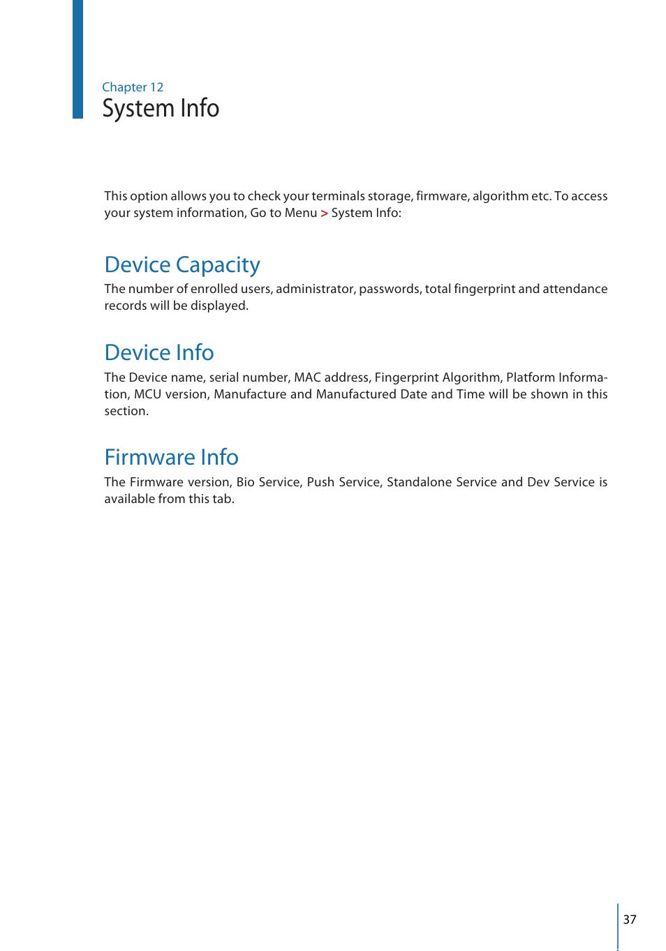 System info, Device capacity, Device info | Firmware info | FingerTec FMM-100 User Manual | Page 37 / 38