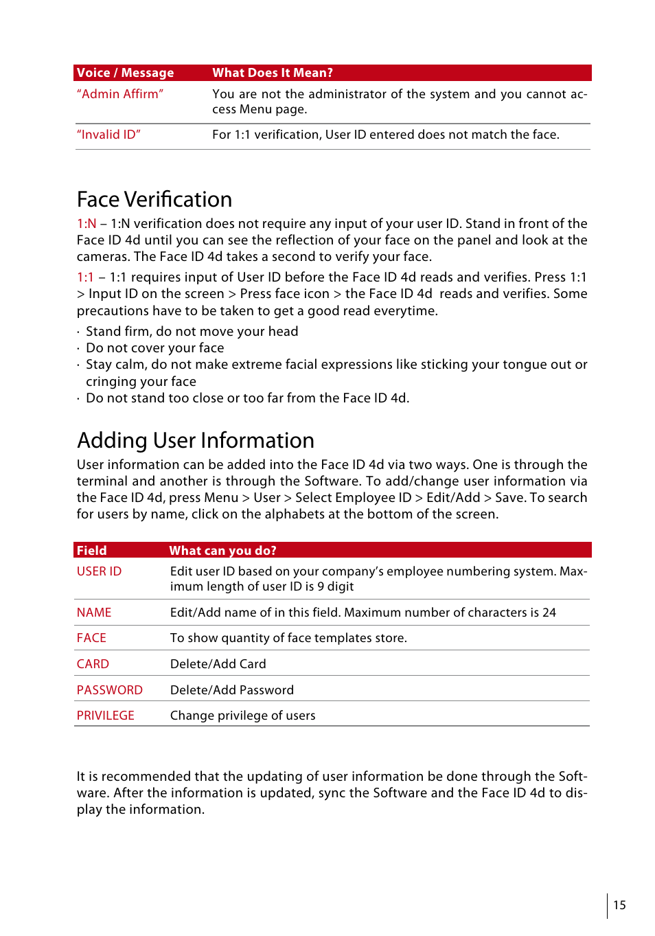Face verification, Adding user information | FingerTec Face ID 4d User Manual | Page 15 / 30