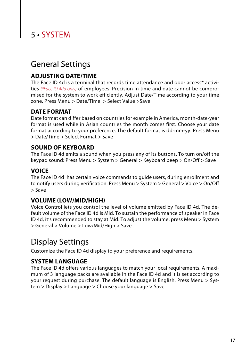 5 • system, General settings, Display settings | FingerTec Face ID 4d User Manual | Page 17 / 30