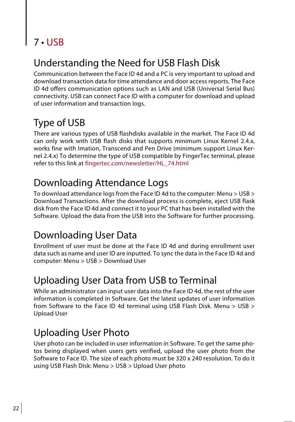 Understanding the need for usb flash disk, Type of usb, Downloading attendance logs | Downloading user data, Uploading user data from usb to terminal, Uploading user photo | FingerTec Face ID 4d User Manual | Page 22 / 30