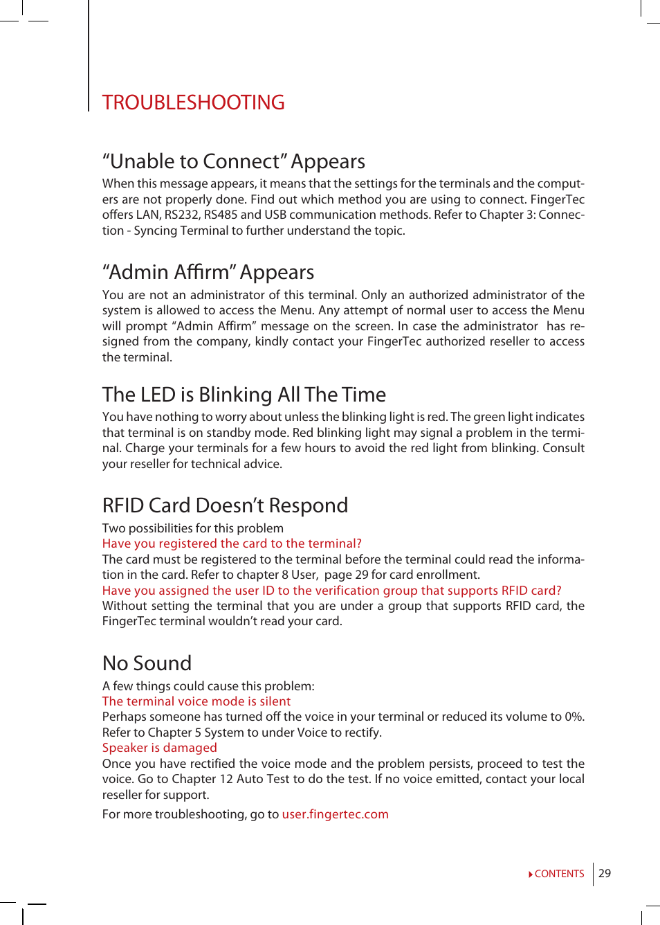 Troubleshooting, Troubleshooting “unable to connect” appears, Admin affi rm” appears | The led is blinking all the time, Rfid card doesn’t respond, No sound | FingerTec Kadex Manual User Manual | Page 29 / 31