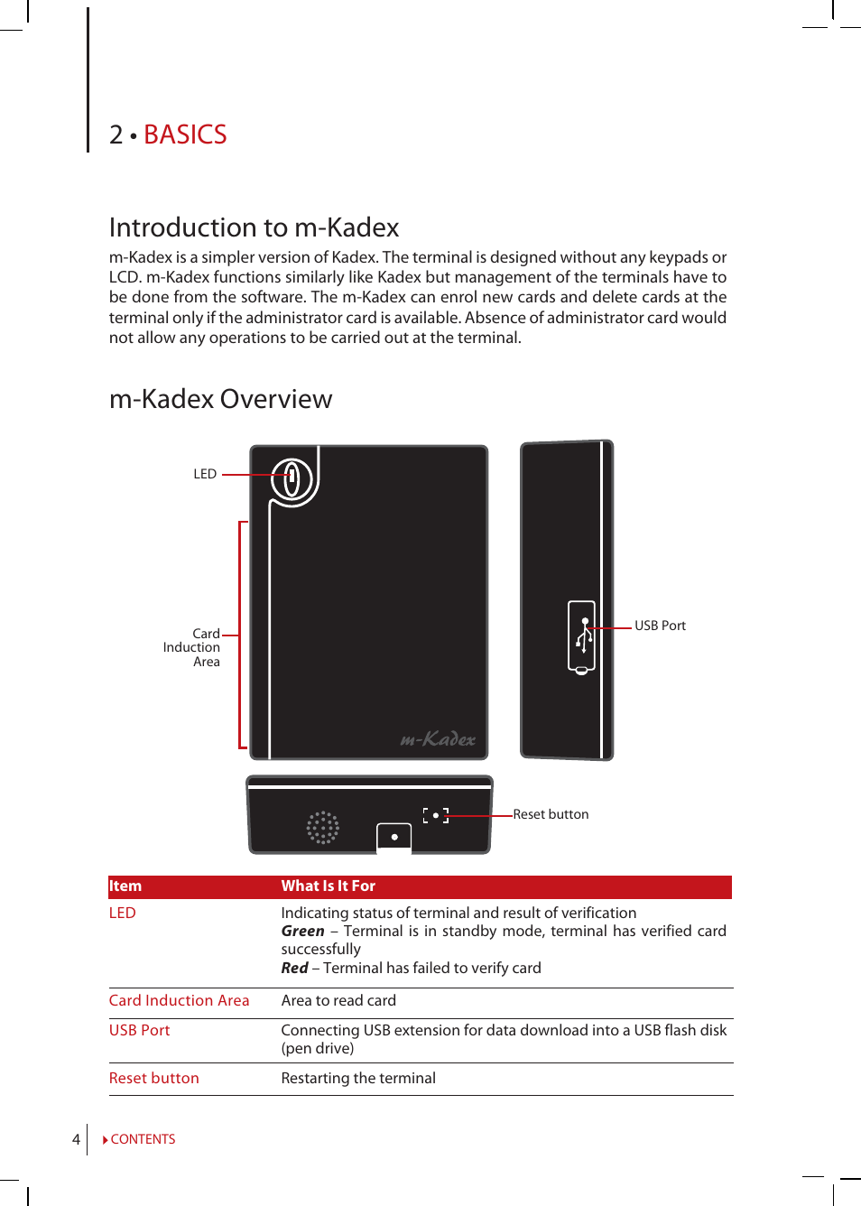 Chapter 2 • basics, Introduction to m-kadex, M-kadex | Overview, Security, Features, Restarting and resetting m-kadex, 2 • basics introduction to m-kadex, M-kadex overview | FingerTec m-Kadex Manual User Manual | Page 4 / 17