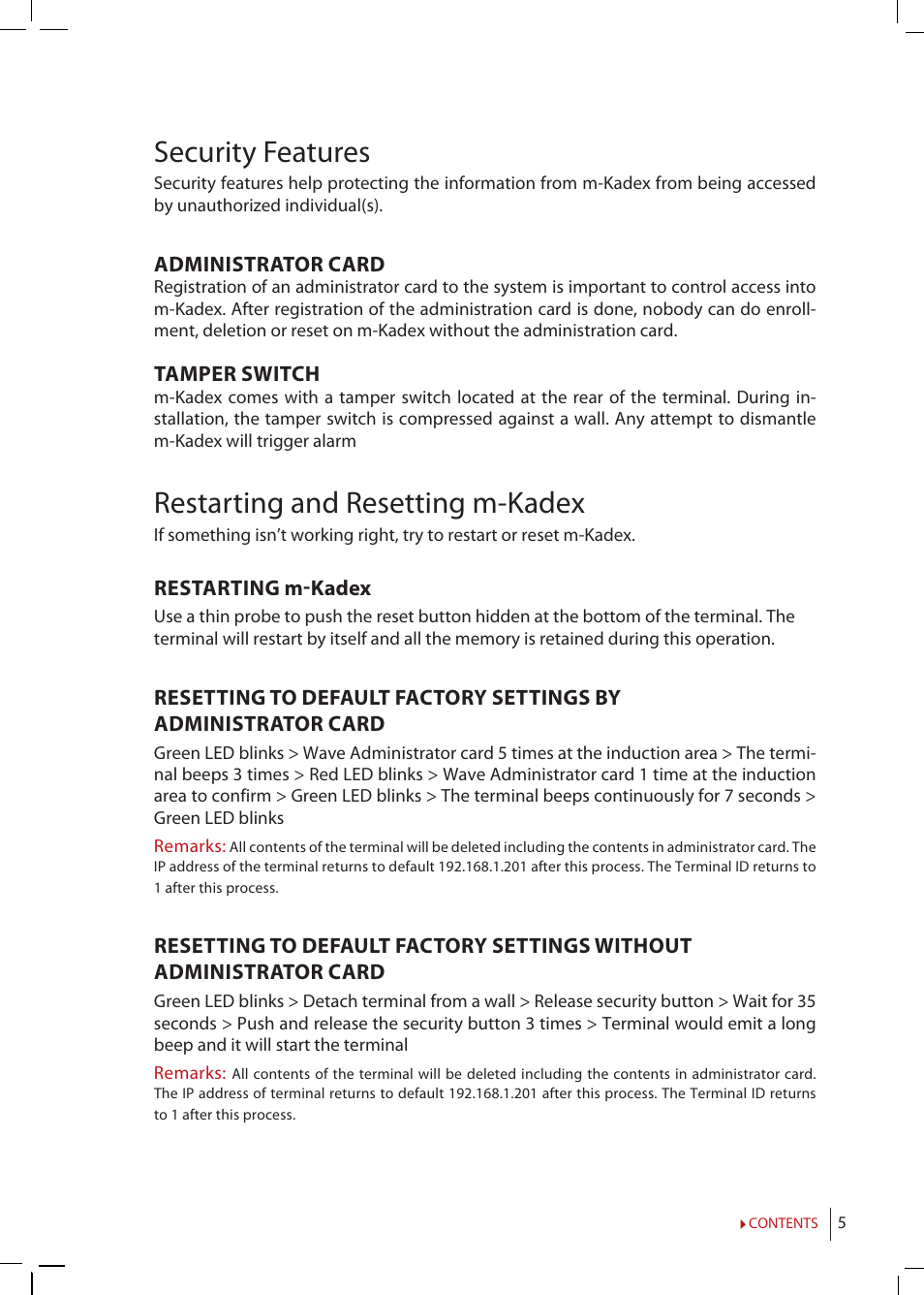 Security features, Restarting and resetting m-kadex | FingerTec m-Kadex Manual User Manual | Page 5 / 17
