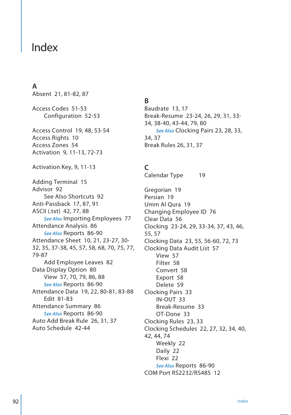 Index | FingerTec TCMS V2 User Manual | Page 92 / 97