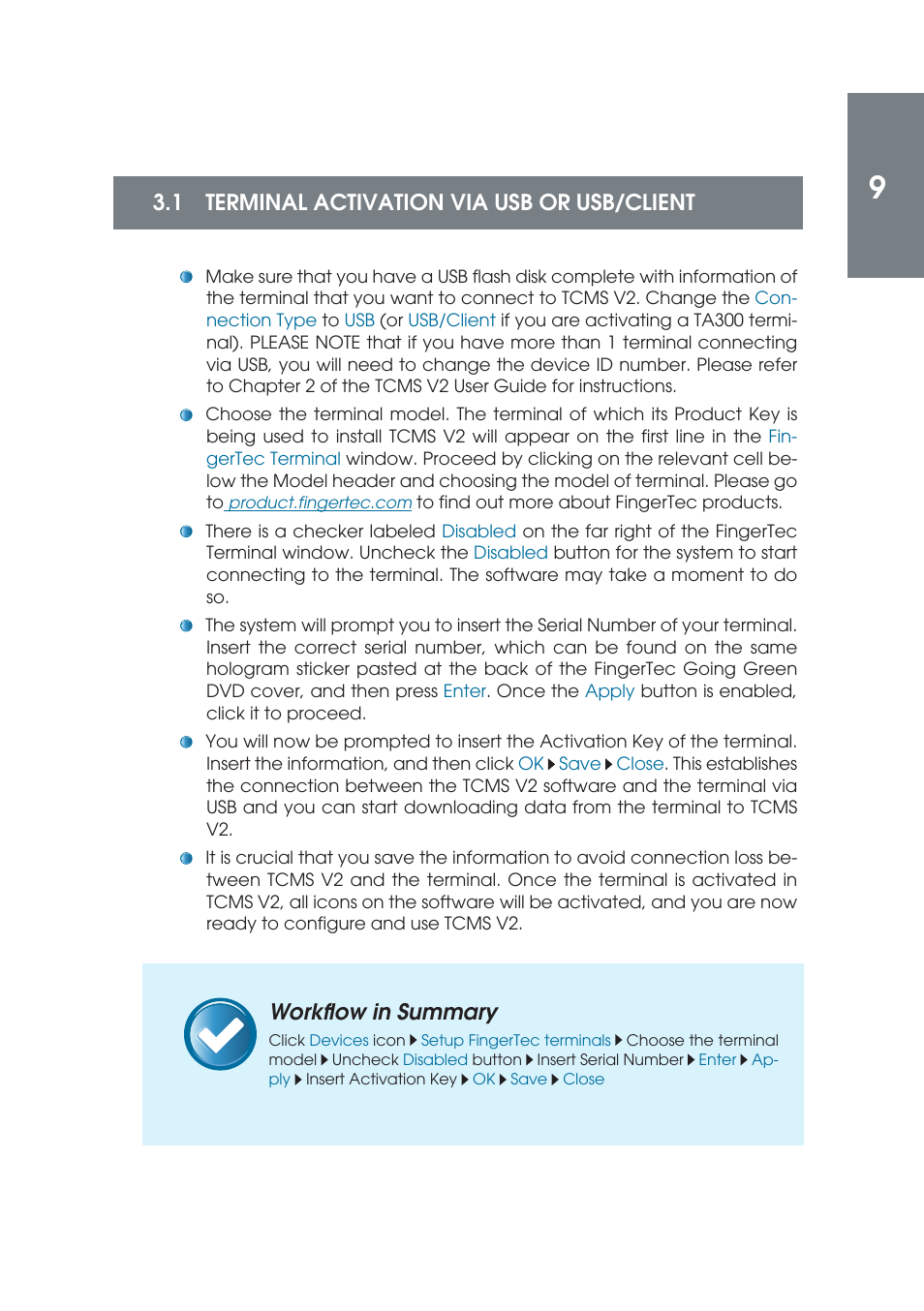 1 terminal activation via usb or usb/client, Workfl ow in summary | FingerTec TCMS V2 (Abridged Vesion) User Manual | Page 8 / 46