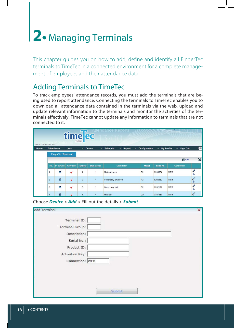 2 • managing terminals, Managing terminals, Adding terminals to timetec | FingerTec TimeTec Web User Manual | Page 18 / 68