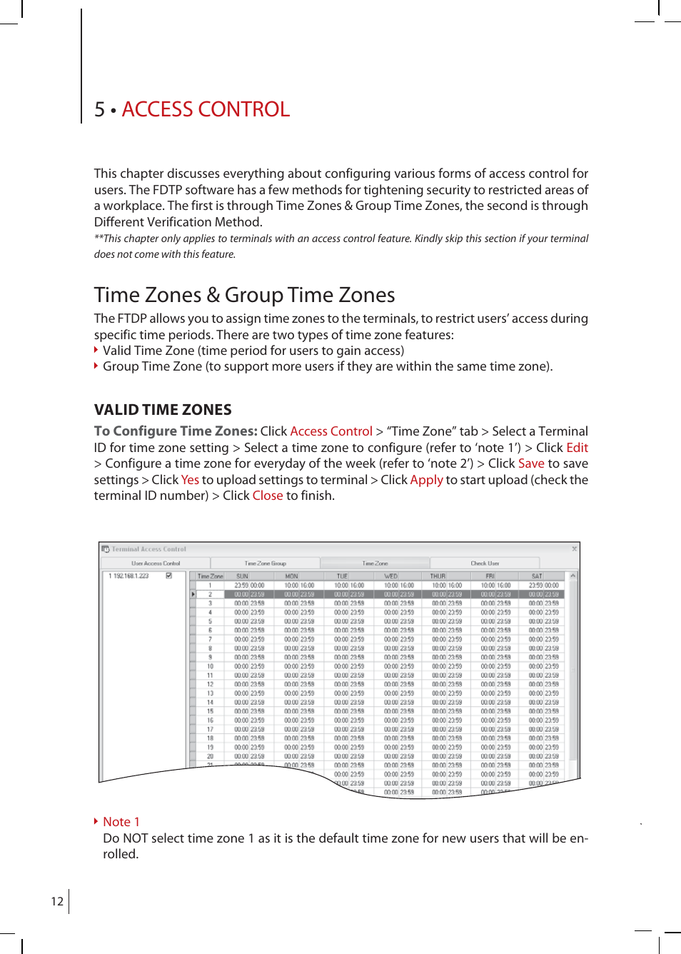 Chapter 5 • access control, Time zones & group time zones, Valid time zones | Group time zones, Different verification methods, Reviewing users’ time zone, 5 • access control | FingerTec FTDP (FingerTec Data Processor) User Manual | Page 11 / 18