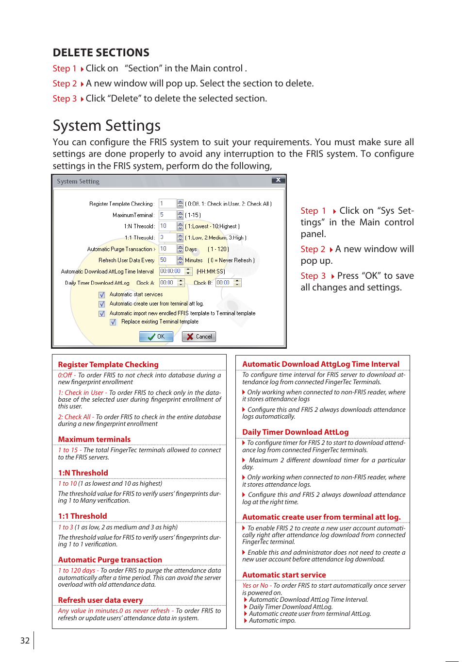 System settings, A new window will pop up, Press “ok” to save all changes and settings | FingerTec FRIS II User Manual | Page 31 / 55