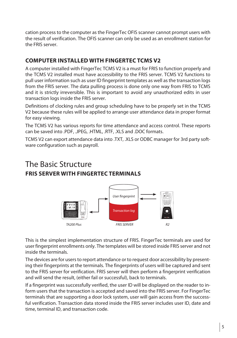 The basic structure, Computer installed with fingertec tcms v2, Fris server with fingertec terminals | FingerTec FRIS II User Manual | Page 4 / 55